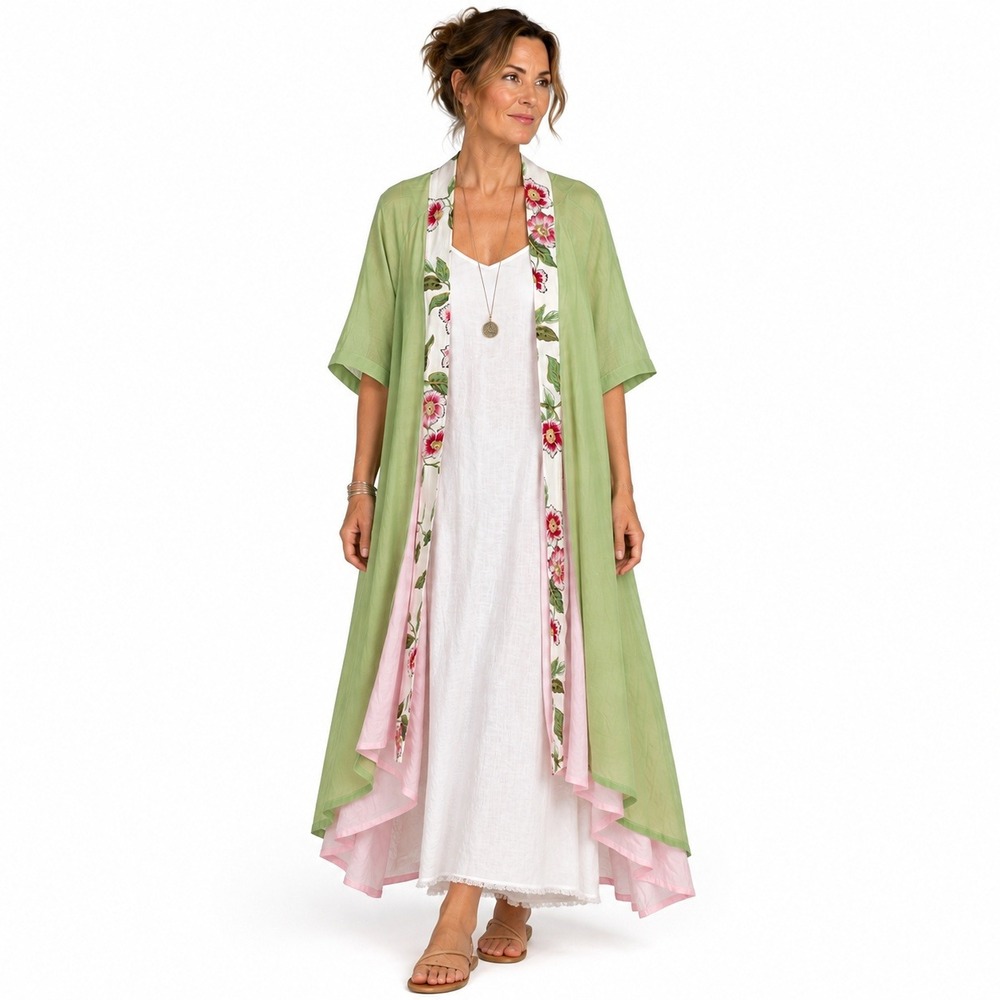 Regalia Handmade Linen Cotton Kimono 2X Green Floral Layered Lagenlook Boho USA